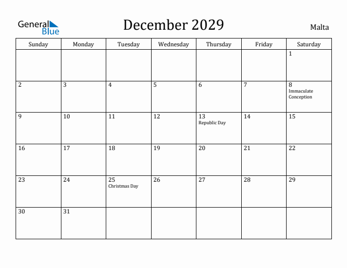 December 2029 Calendar Malta