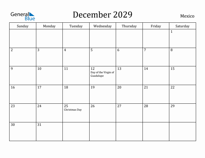 December 2029 Calendar Mexico