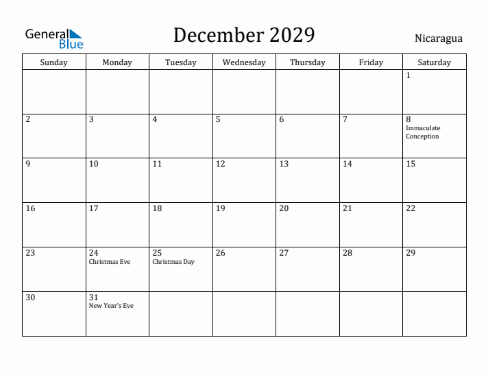December 2029 Calendar Nicaragua