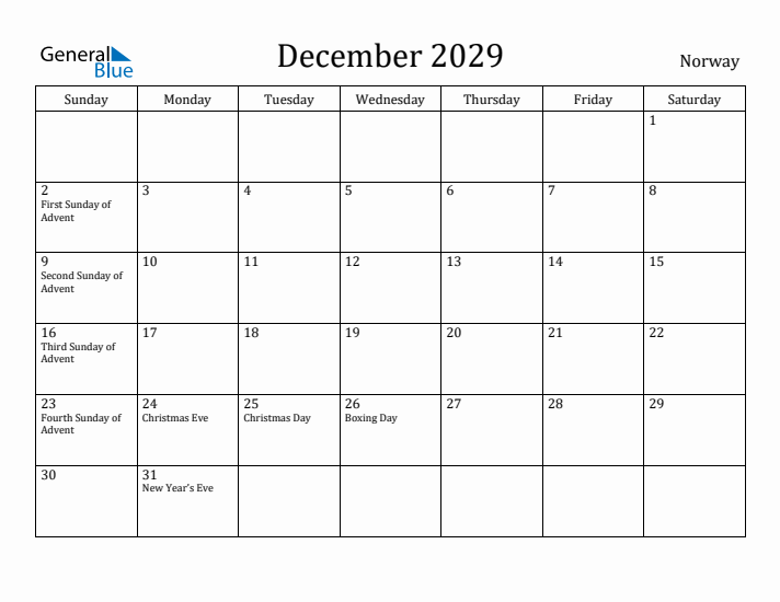 December 2029 Calendar Norway