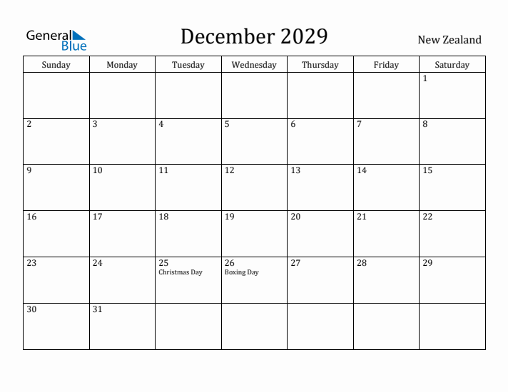 December 2029 Calendar New Zealand