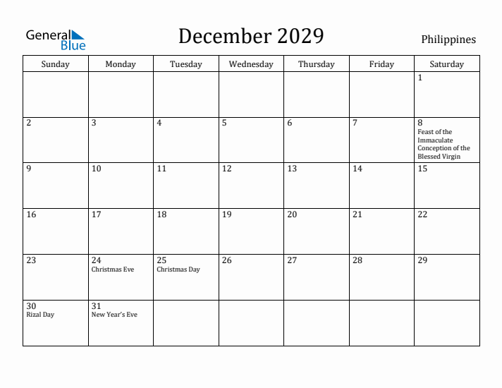 December 2029 Calendar Philippines