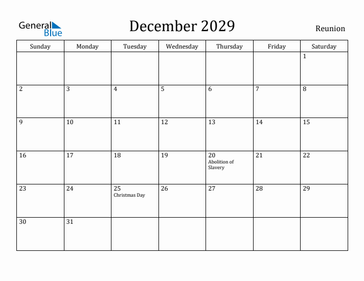 December 2029 Calendar Reunion