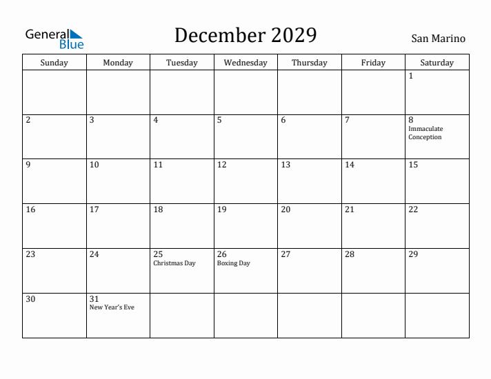 December 2029 Calendar San Marino