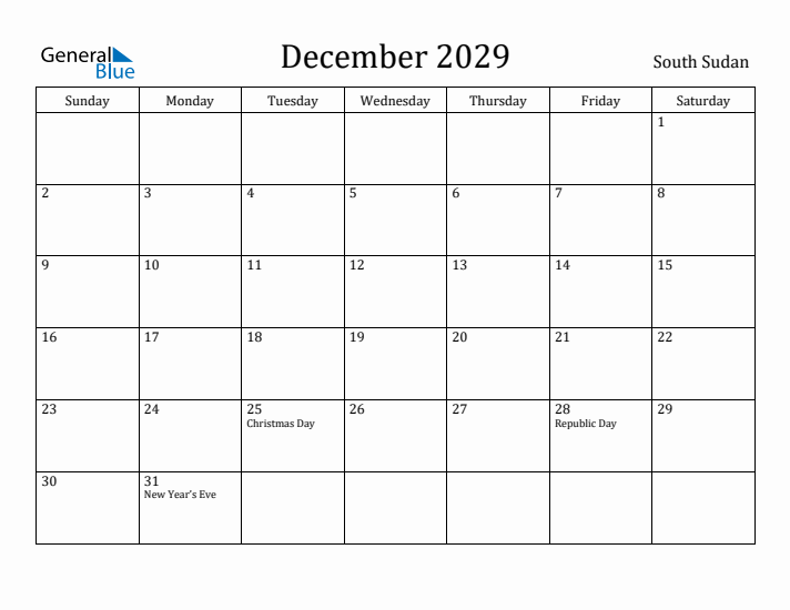 December 2029 Calendar South Sudan