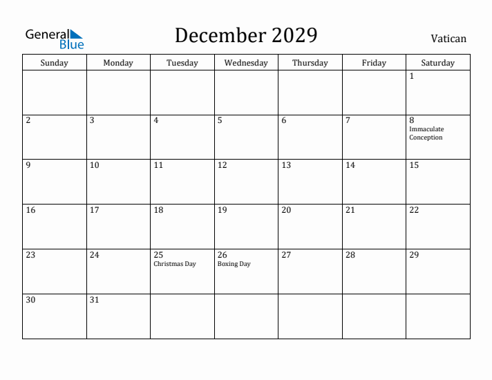 December 2029 Calendar Vatican