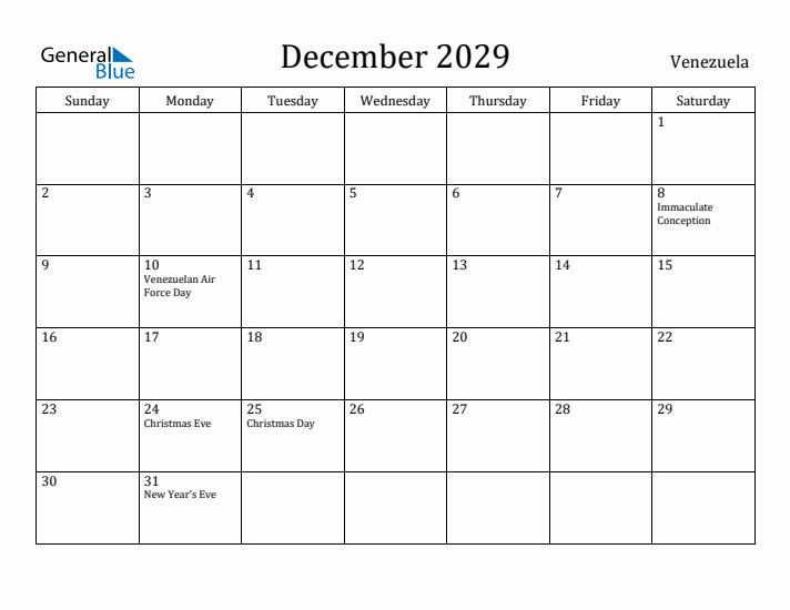 December 2029 Calendar Venezuela