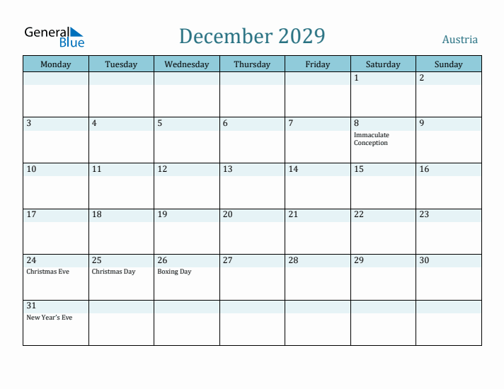 December 2029 Calendar with Holidays