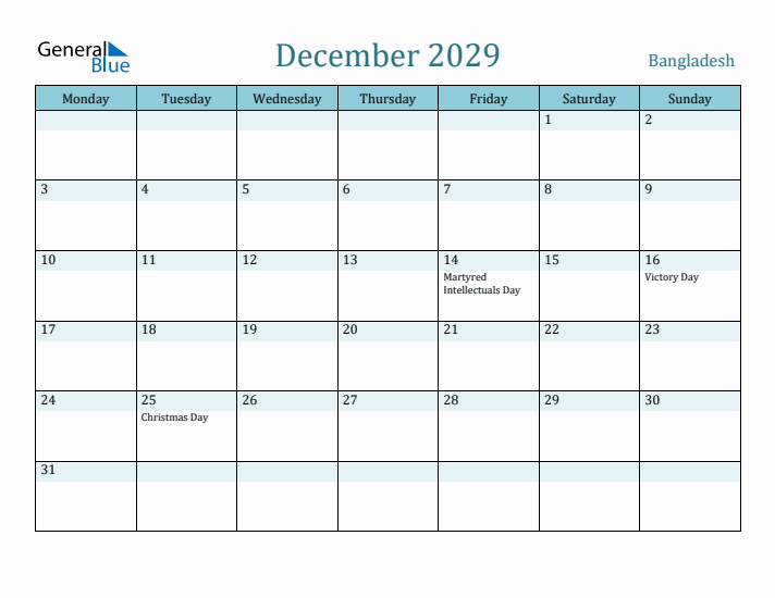 December 2029 Calendar with Holidays