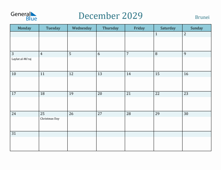 December 2029 Calendar with Holidays