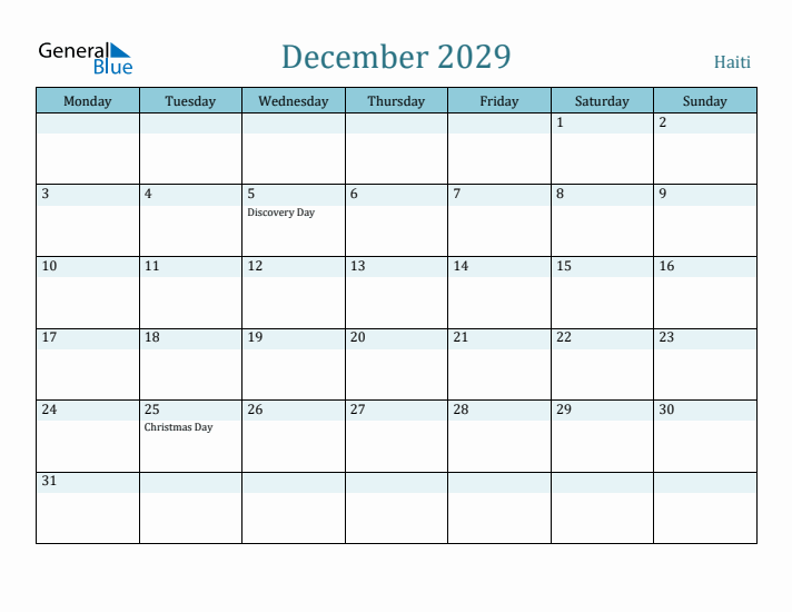 December 2029 Calendar with Holidays