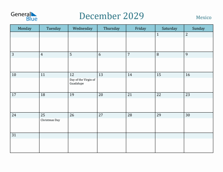 December 2029 Calendar with Holidays