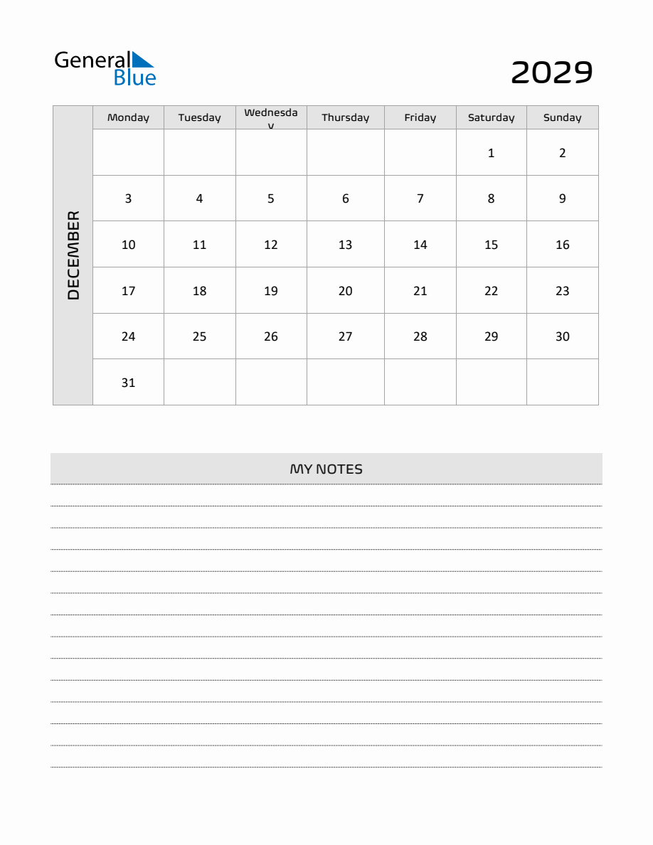 December 2029 Printable Monthly Calendar With Notes