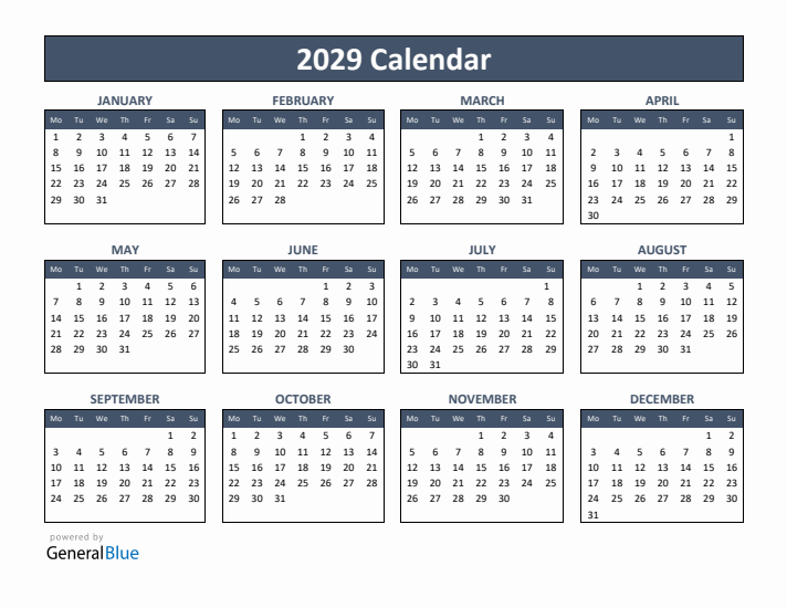 Basic Annual Calendar for Year 2029