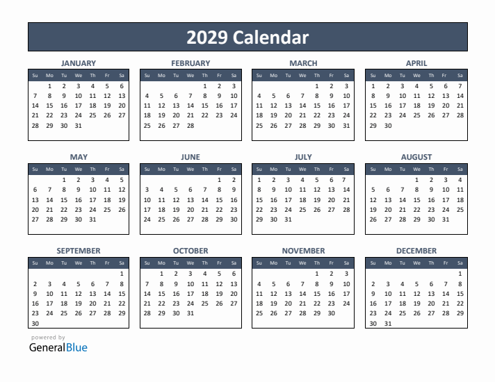 Basic Annual Calendar for Year 2029