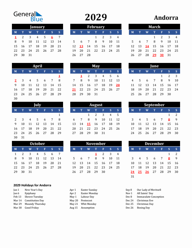 2029 Andorra Holiday Calendar