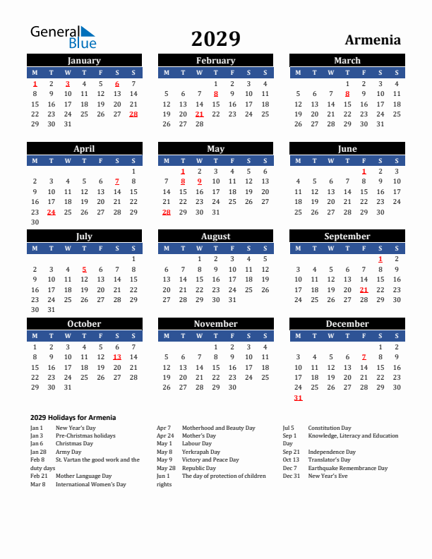 2029 Armenia Holiday Calendar