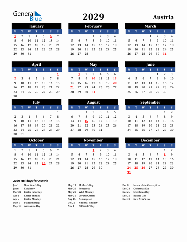 2029 Austria Holiday Calendar