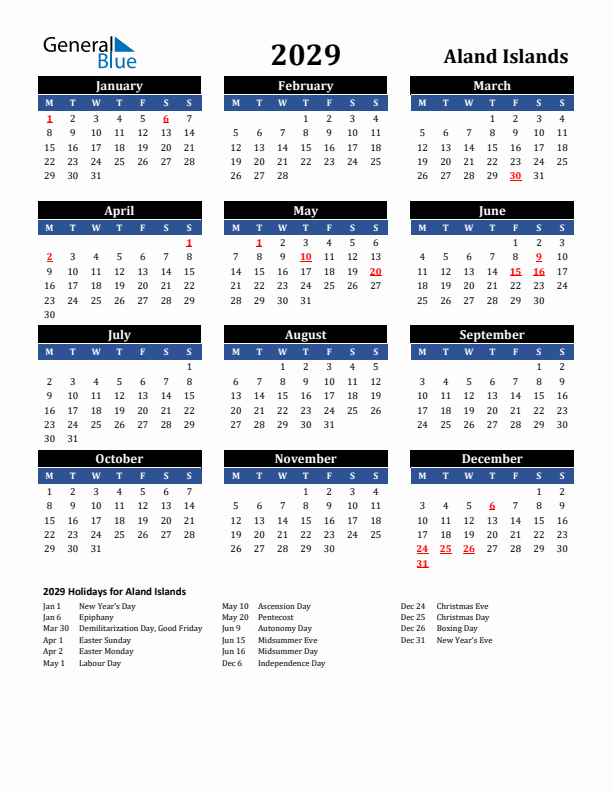 2029 Aland Islands Holiday Calendar