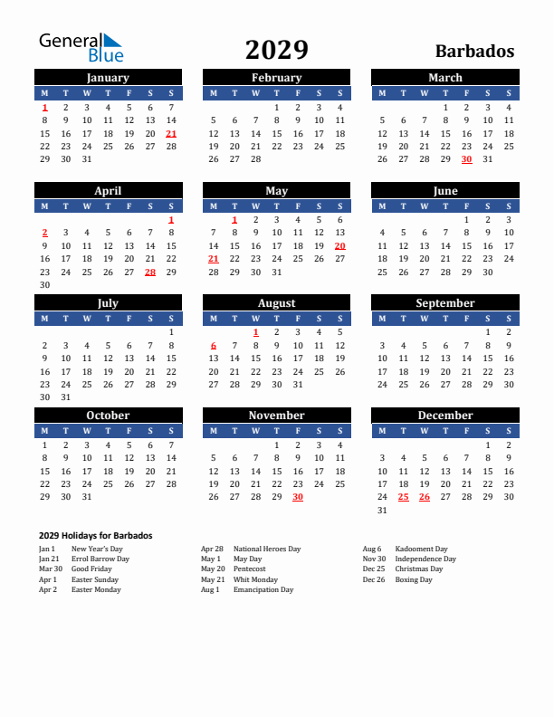 2029 Barbados Holiday Calendar