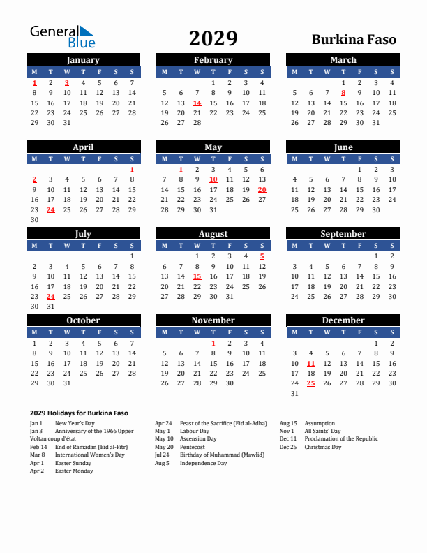 2029 Burkina Faso Holiday Calendar