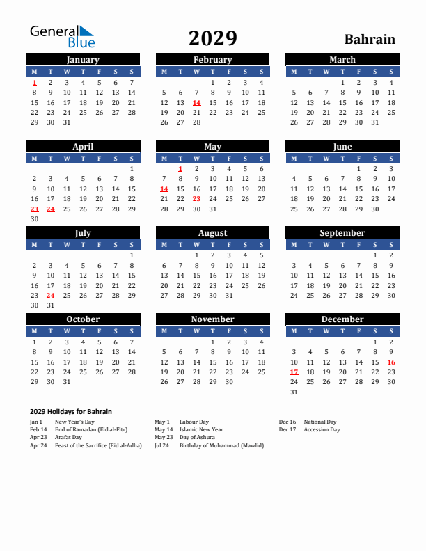 2029 Bahrain Holiday Calendar