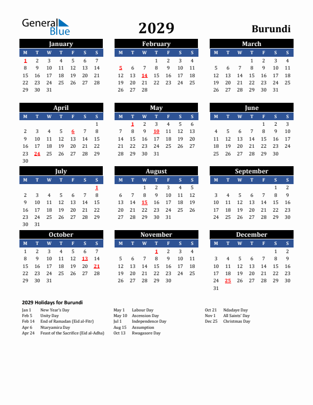 2029 Burundi Holiday Calendar