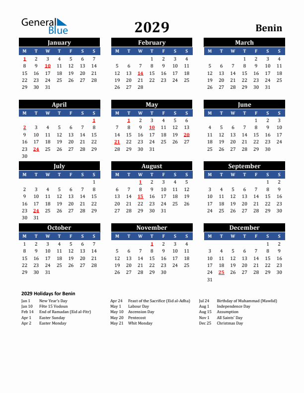 2029 Benin Holiday Calendar