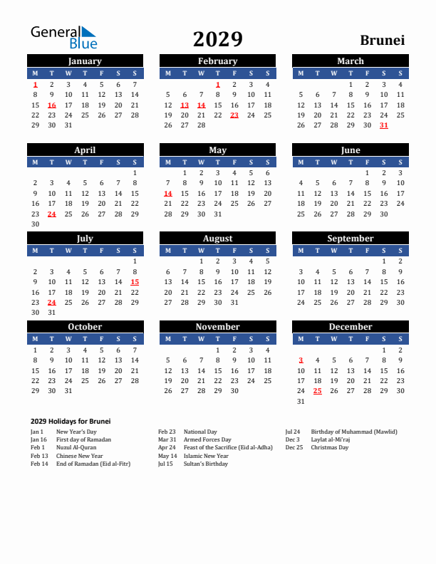 2029 Brunei Holiday Calendar
