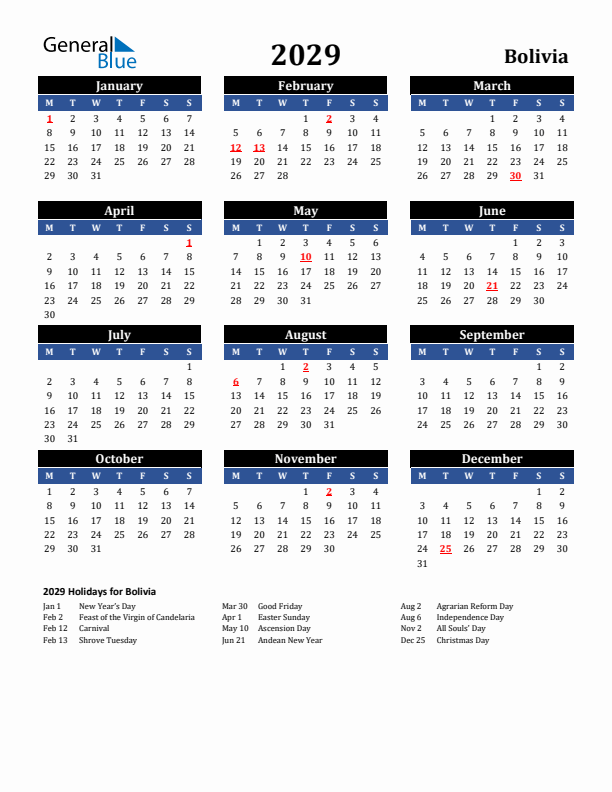2029 Bolivia Holiday Calendar
