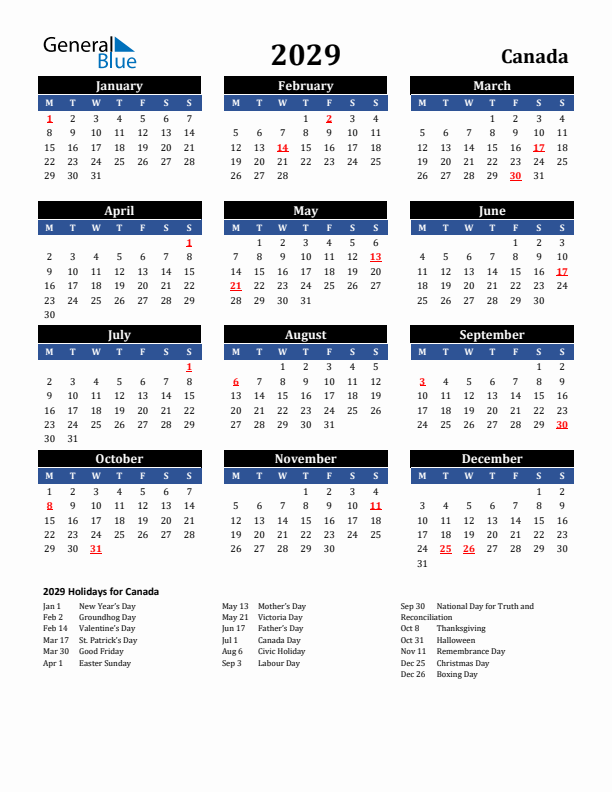 2029 Canada Holiday Calendar