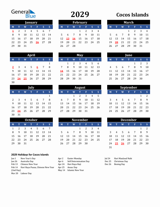 2029 Cocos Islands Holiday Calendar