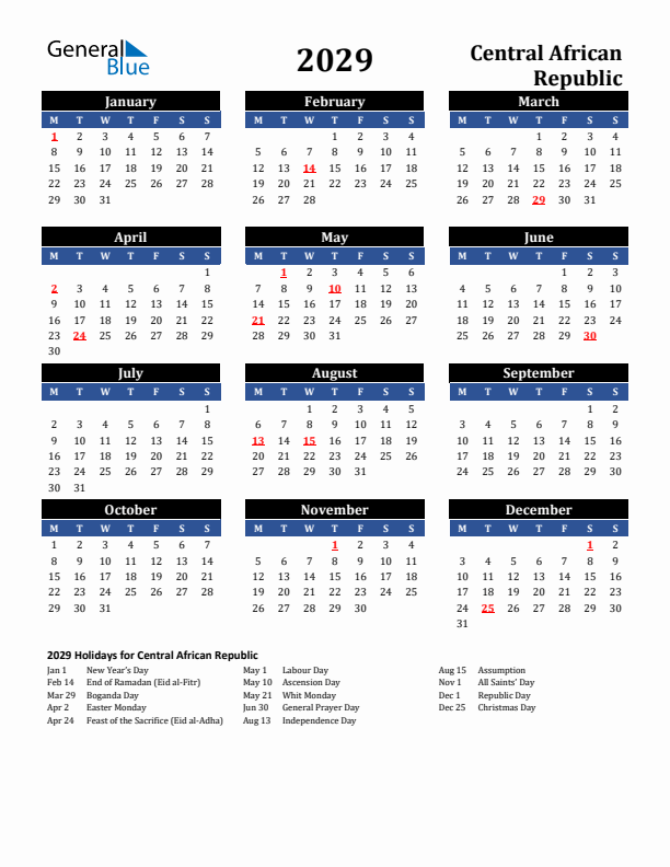 2029 Central African Republic Holiday Calendar