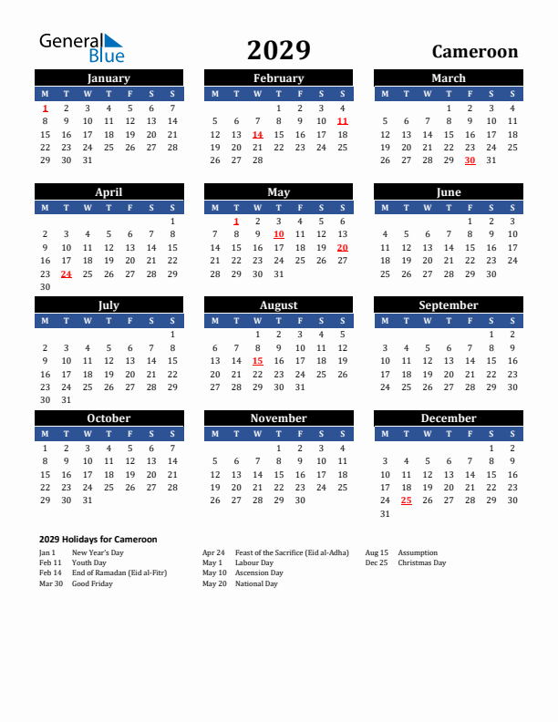 2029 Cameroon Holiday Calendar