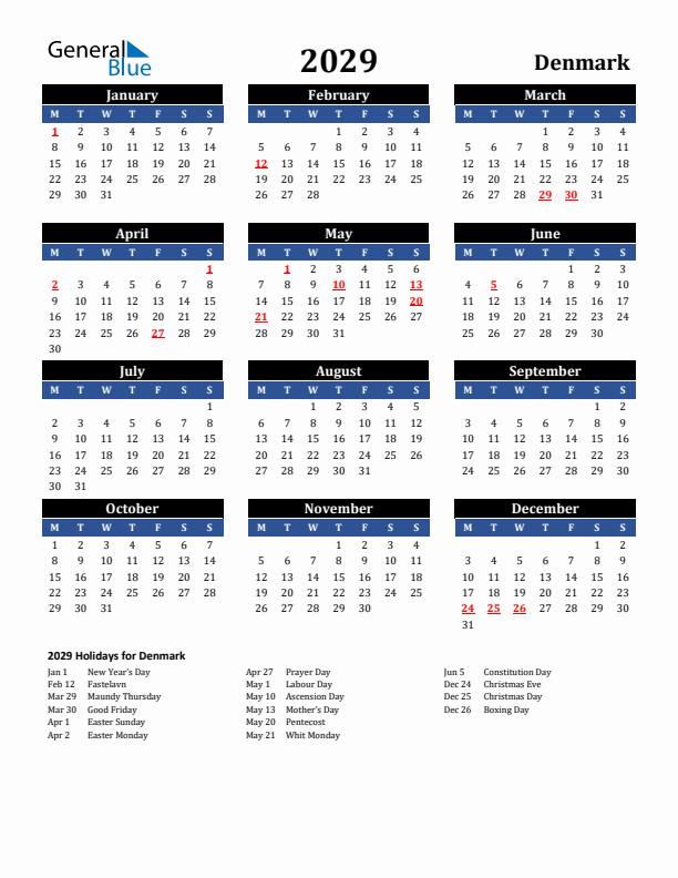 2029 Denmark Holiday Calendar