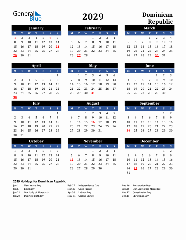 2029 Dominican Republic Holiday Calendar