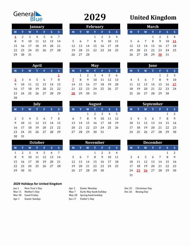 2029 United Kingdom Holiday Calendar