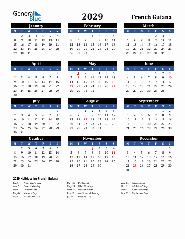 2029 French Guiana Holiday Calendar