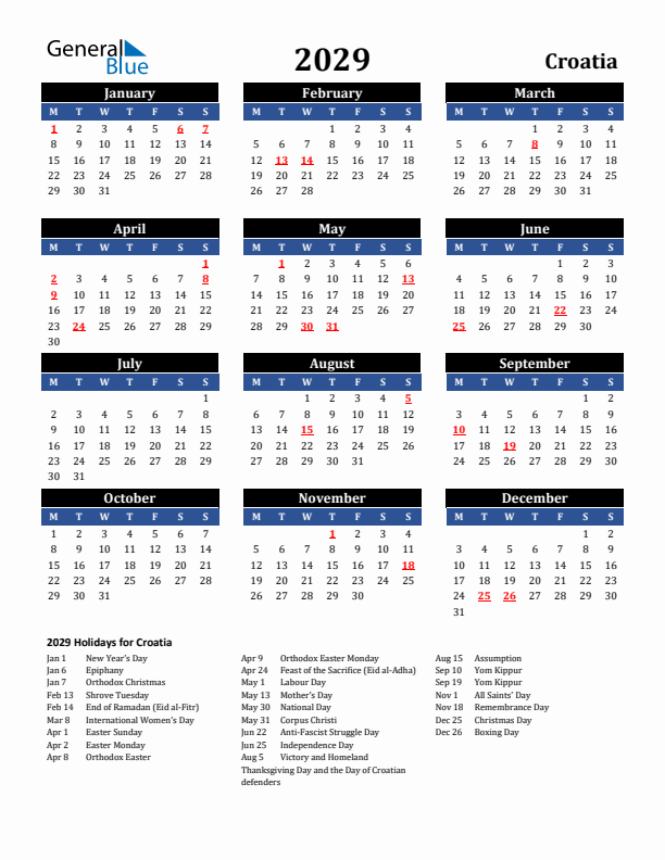 2029 Croatia Holiday Calendar