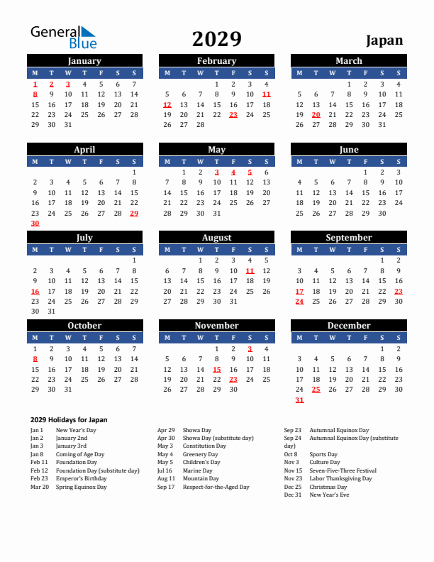 2029 Japan Holiday Calendar