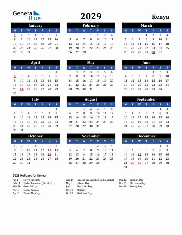 2029 Kenya Holiday Calendar