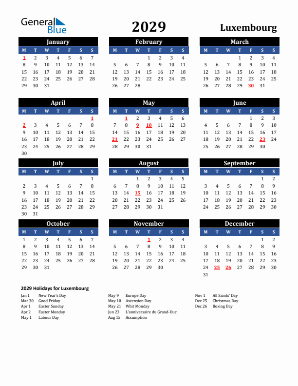2029 Luxembourg Holiday Calendar