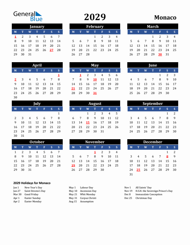 2029 Monaco Holiday Calendar