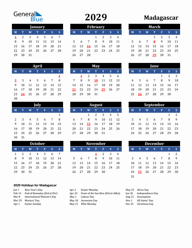 2029 Madagascar Holiday Calendar
