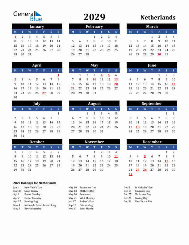 2029 The Netherlands Holiday Calendar