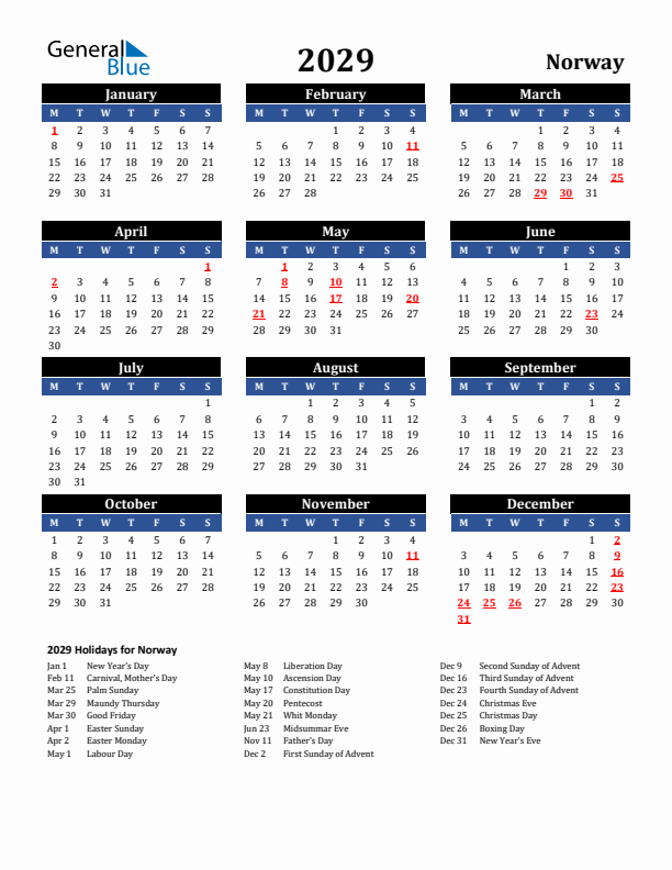 2029 Norway Holiday Calendar