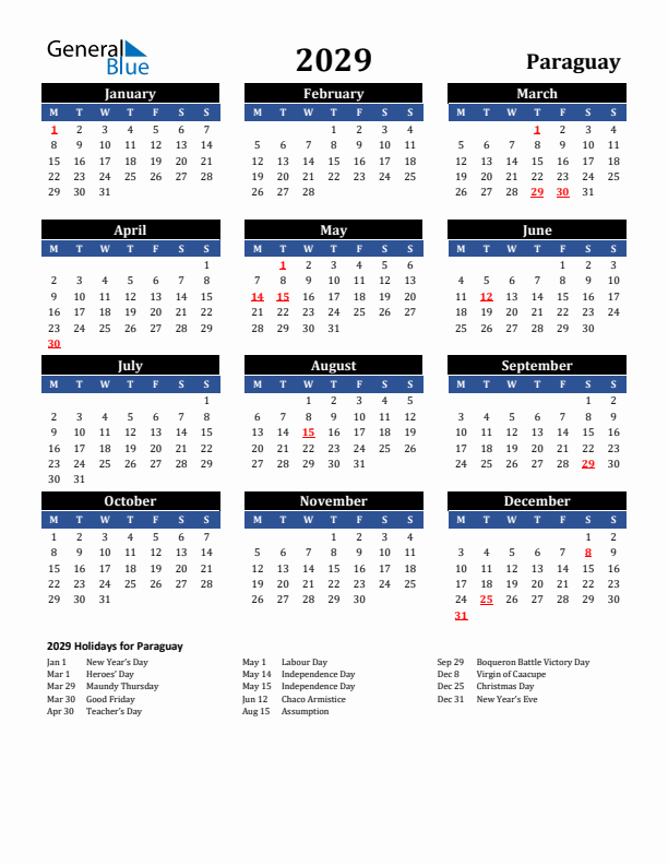 2029 Paraguay Holiday Calendar