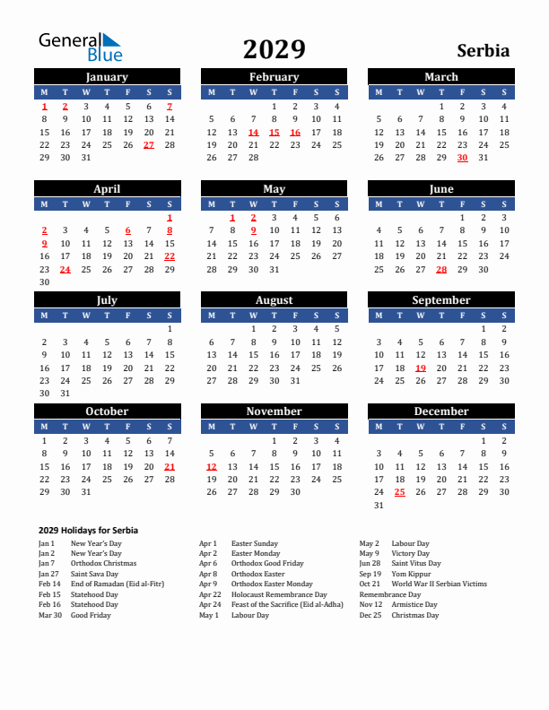 2029 Serbia Holiday Calendar