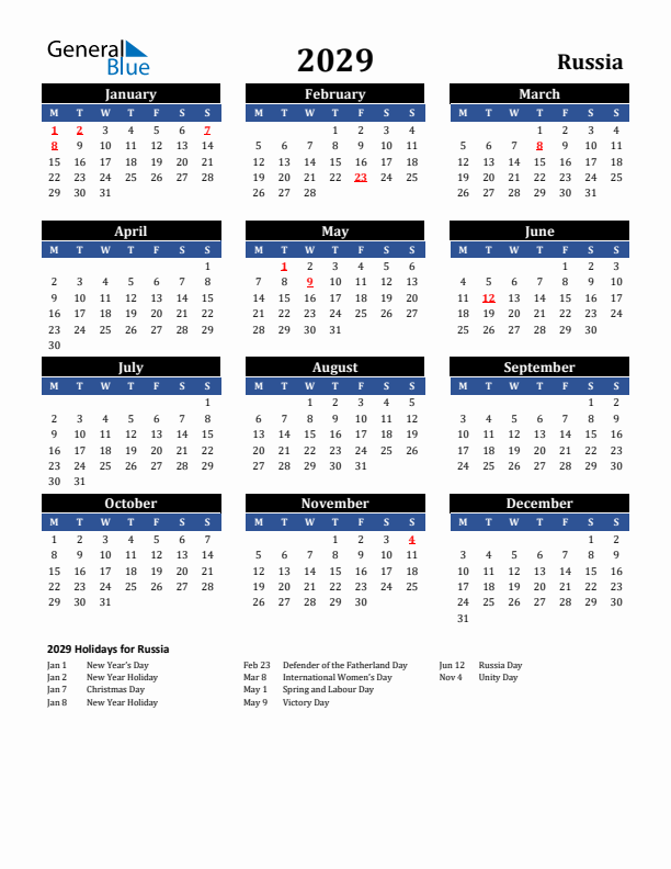 2029 Russia Holiday Calendar