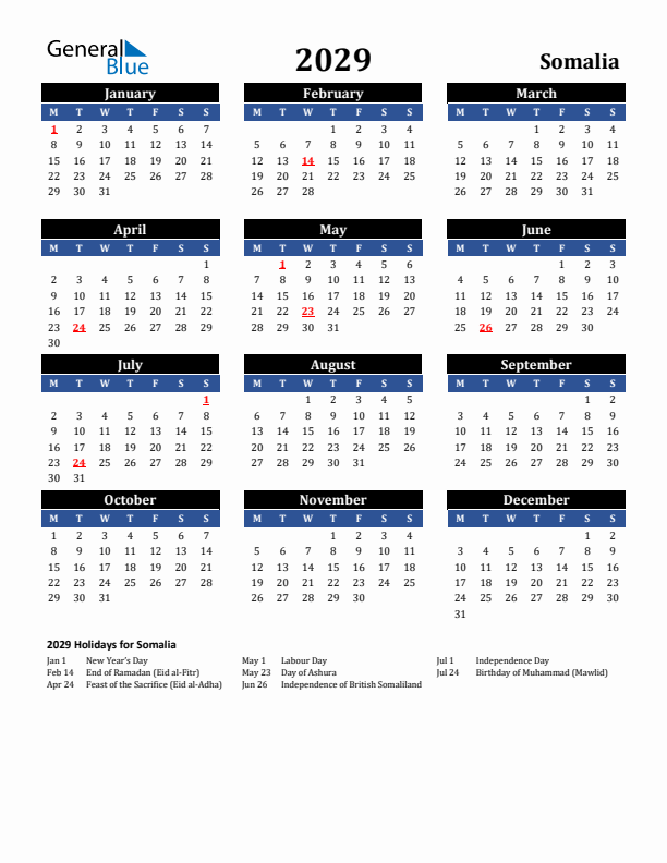 2029 Somalia Holiday Calendar